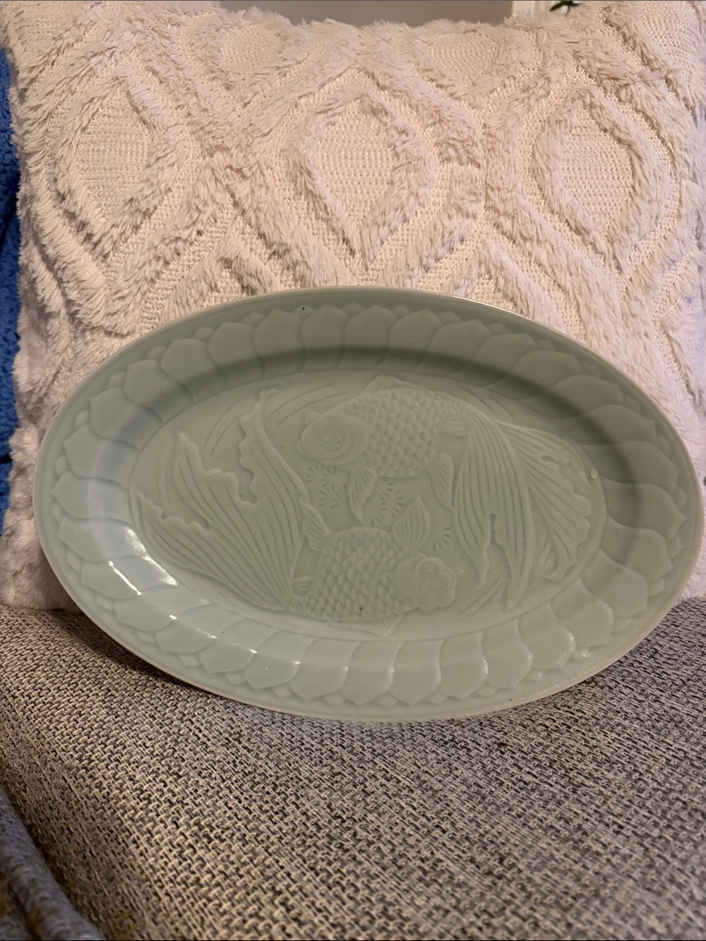 Celadon Longquan Green Ceramic koi Fish Relief Serving Platter Vintage Chinese